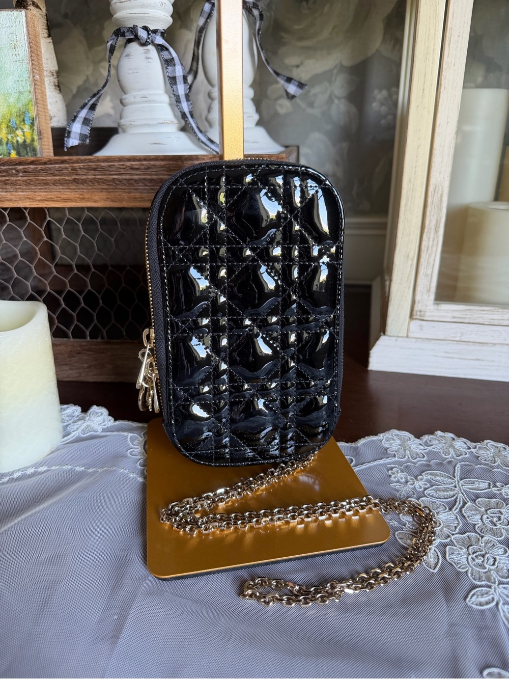 Christian Dior Black Quilted Patent Leather Mini Crossbody Bag with Gold Chain